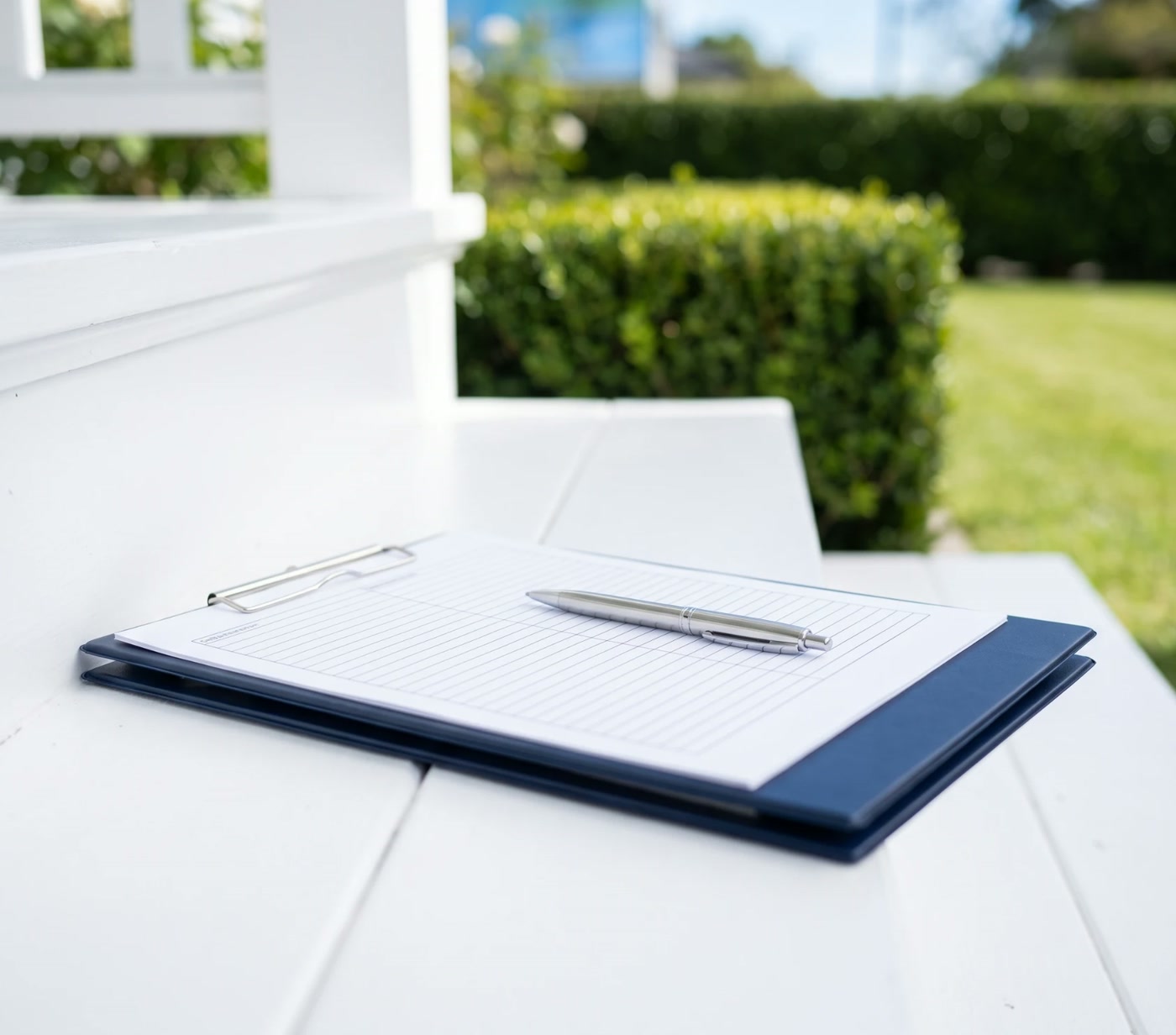 A navy clipboard with a blank sign-up sheet and a pen resting on a white porch step