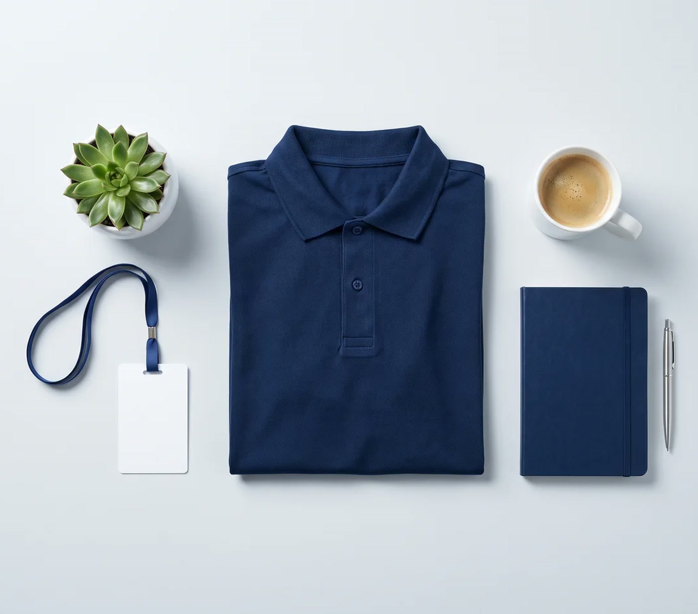 A folded navy polo shirt, a blank ID badge on a lanyard, a notebook and pen, a coffee cup and a small plant laid out on a light desk
